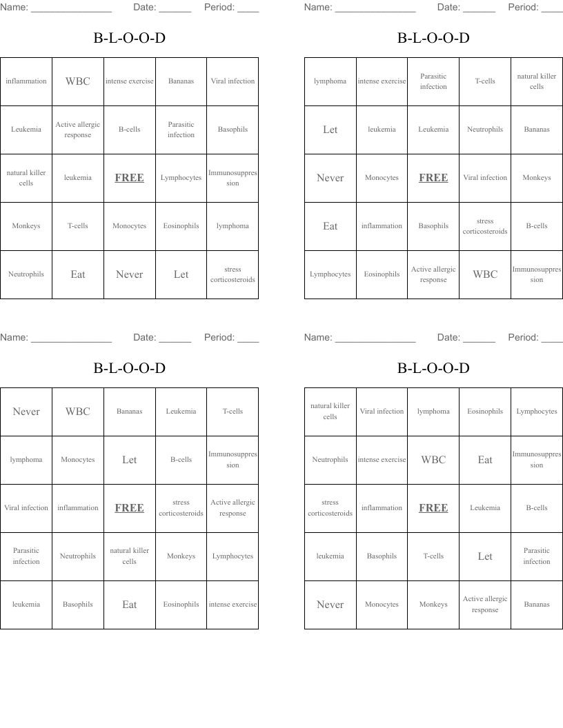 B-L-O-O-D  Bingo Cards