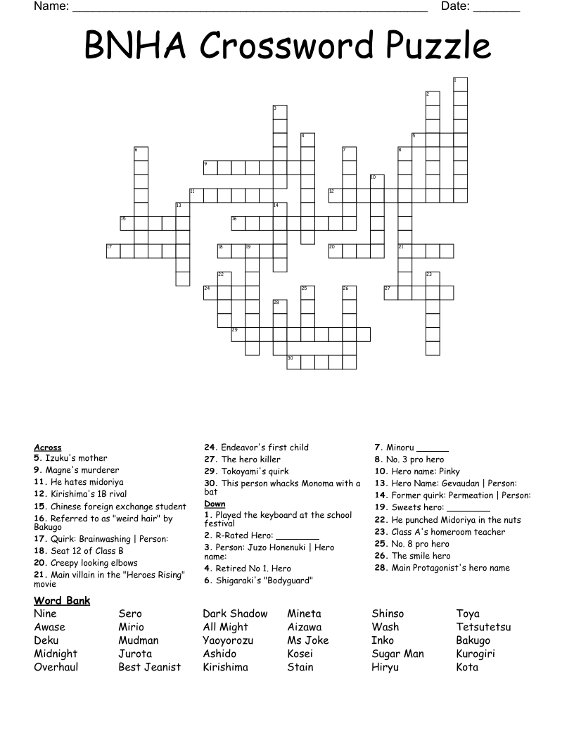 BNHA Crossword Puzzle