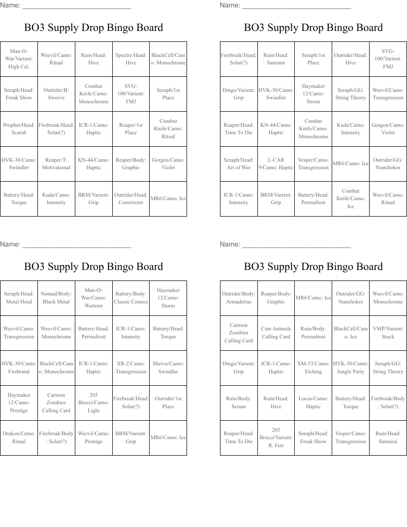 BO3 Supply Drop Bingo Board