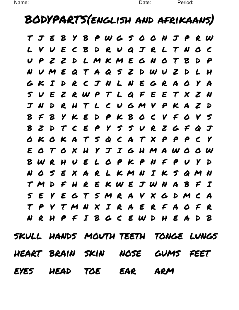 BODYPARTS(english and afrikaans) Word Search