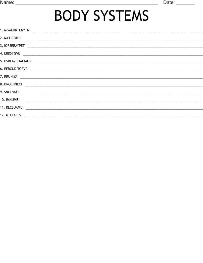 BODY SYSTEMS Word Scramble