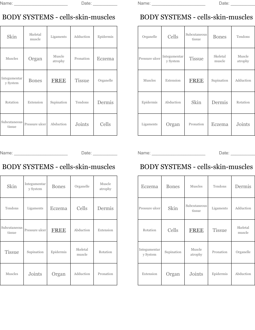 BODY SYSTEMS - cells-skin-muscles Bingo Cards