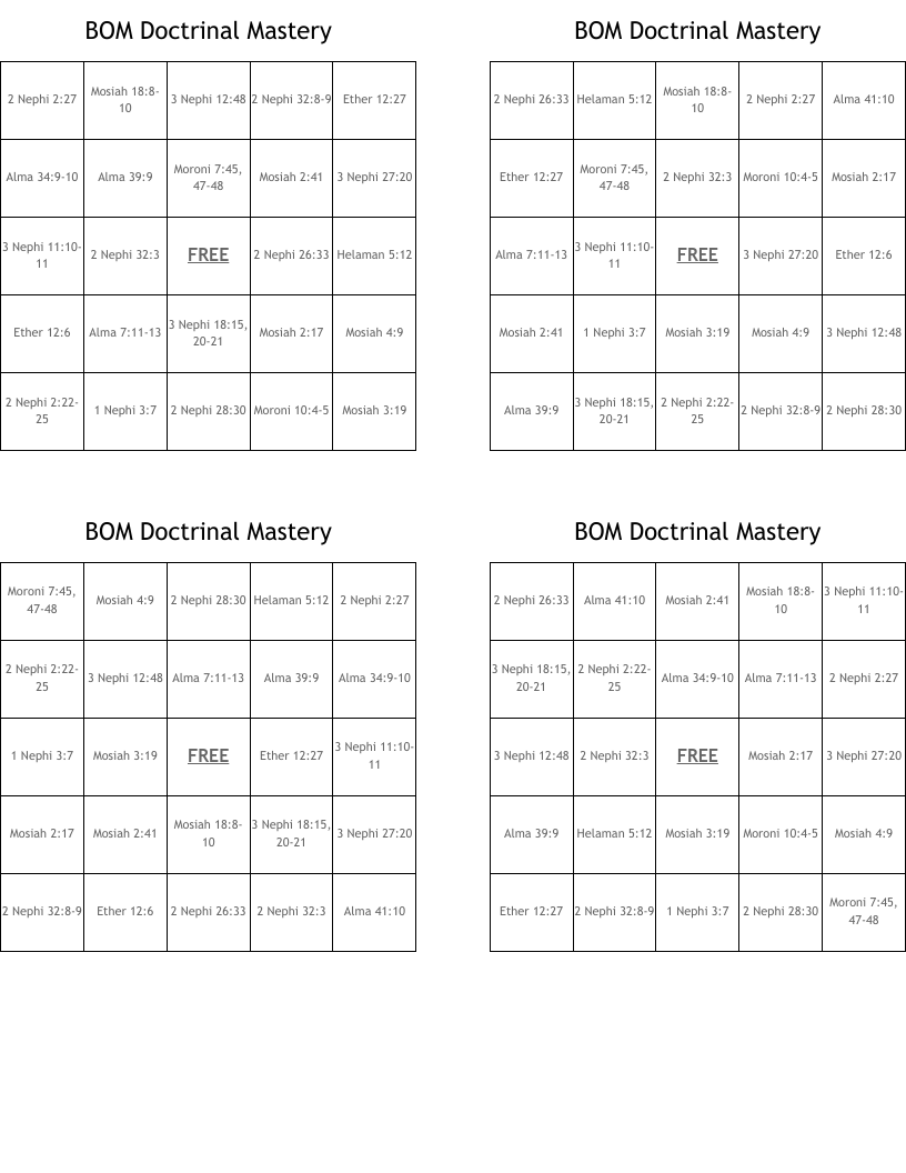 BOM Doctrinal Mastery Bingo Cards