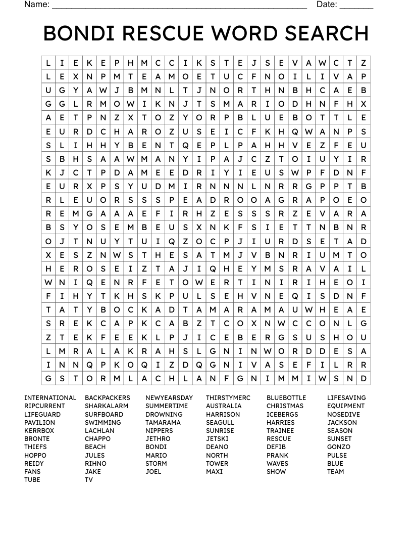 BONDI RESCUE WORD SEARCH
