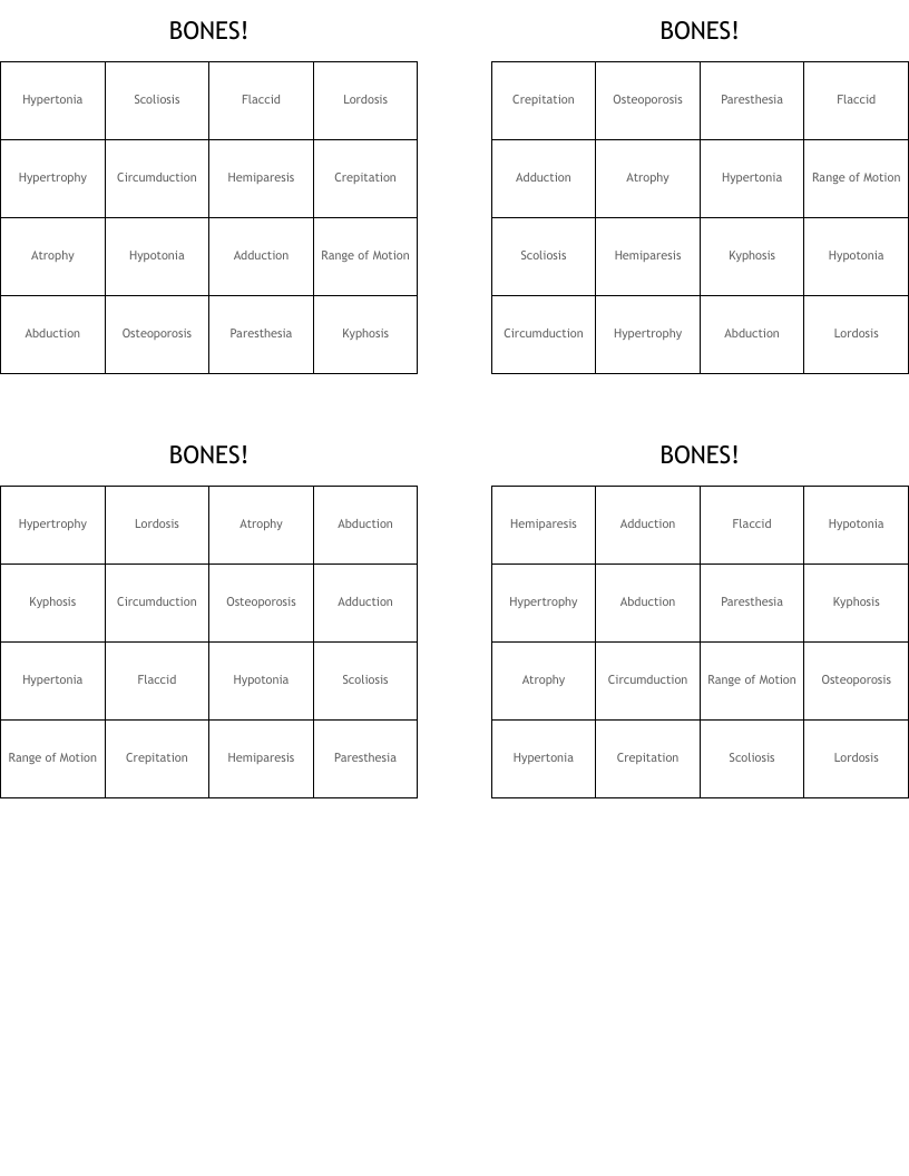 BONES! Bingo Cards