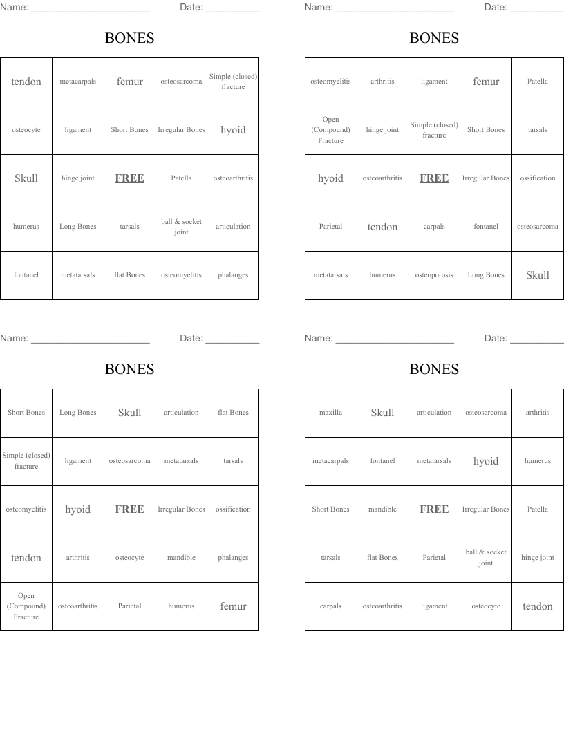 BONES Bingo Cards