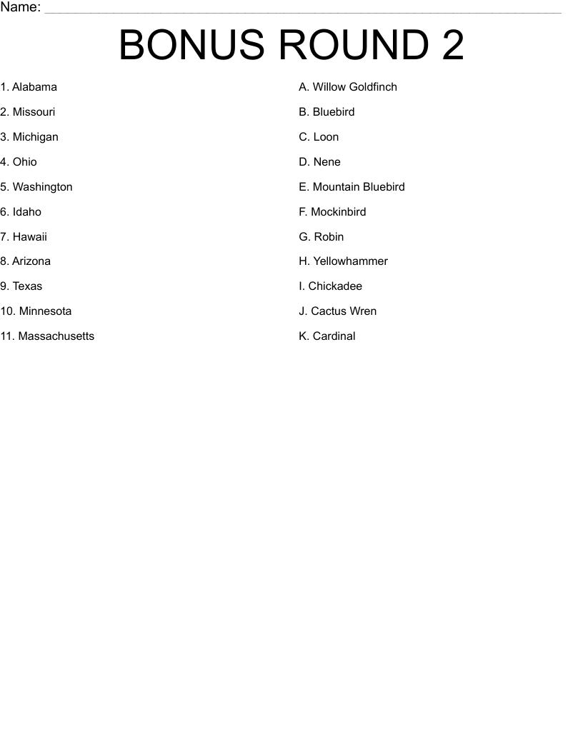 BONUS ROUND 2 Worksheet