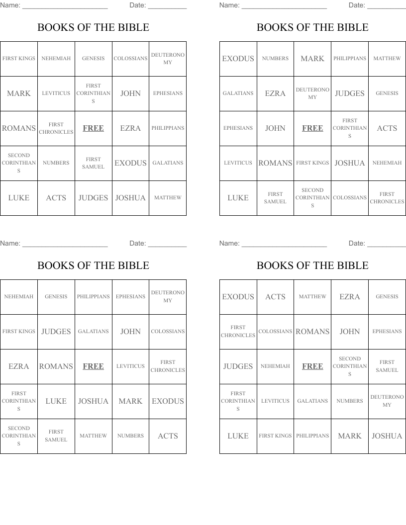 BOOKS OF THE BIBLE Bingo Cards