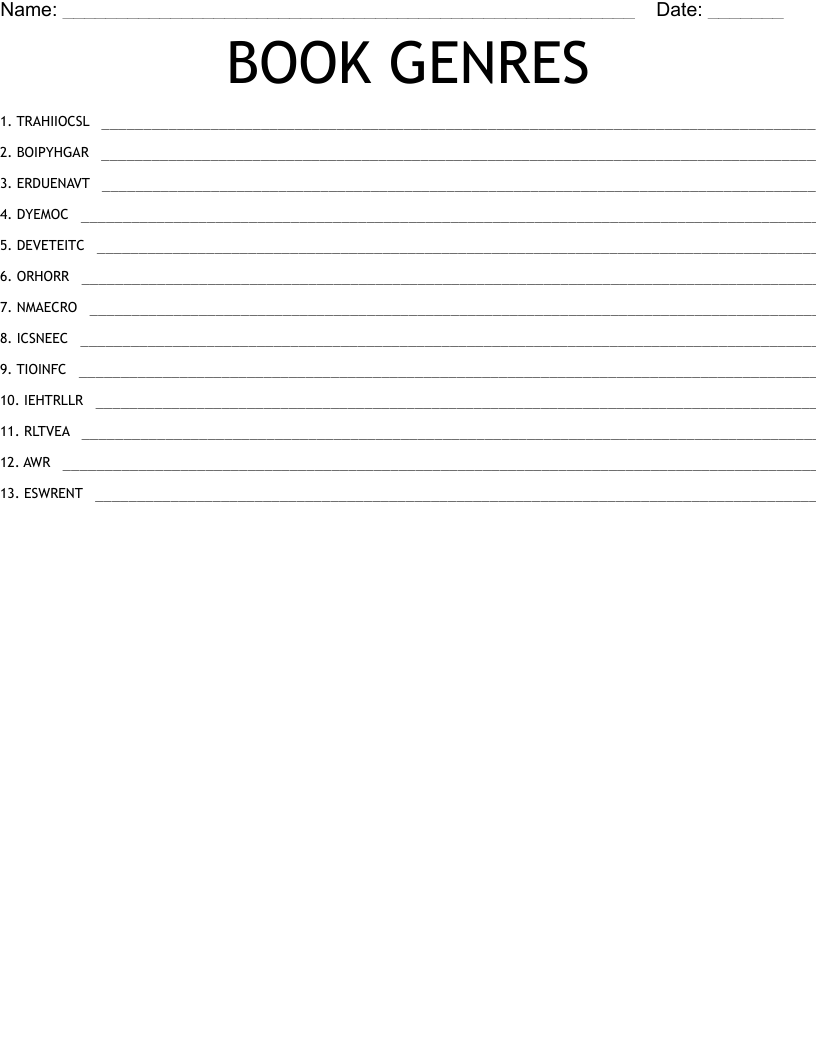 BOOK GENRES Word Scramble