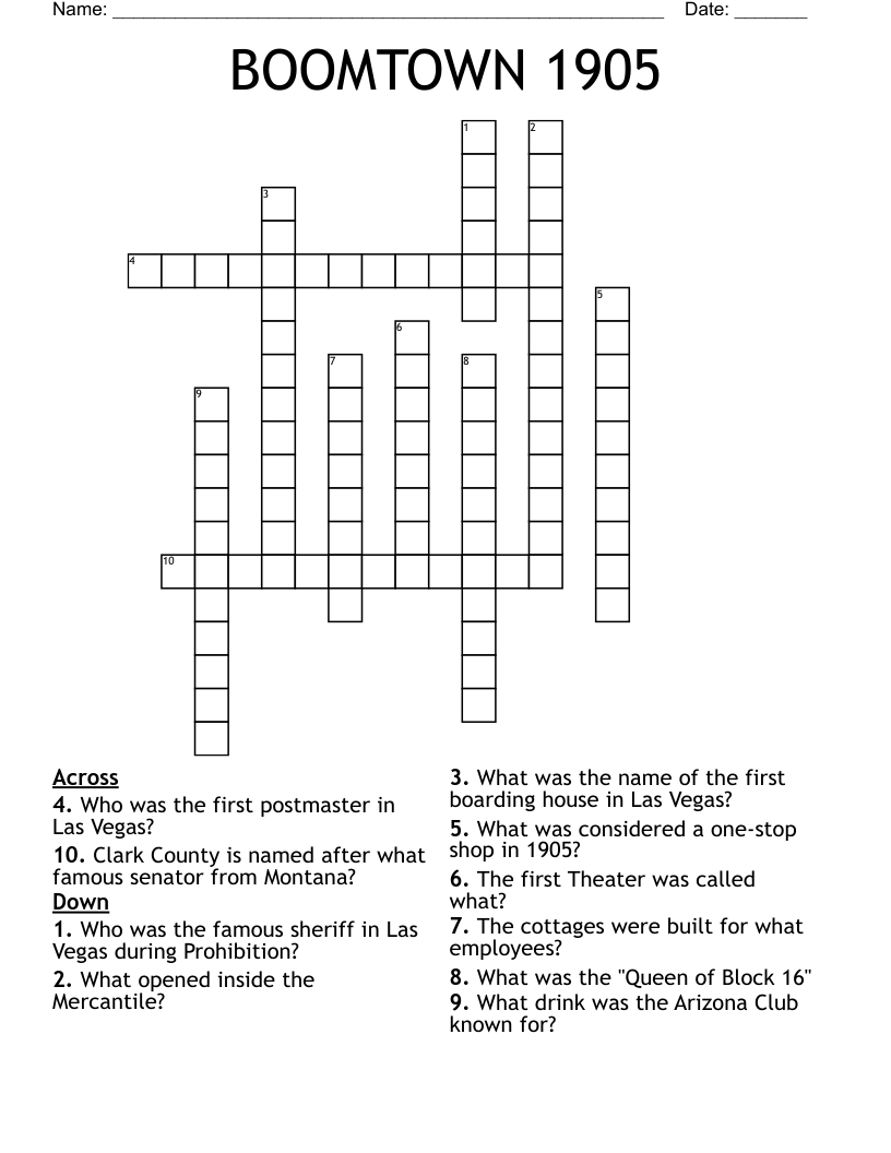 BOOMTOWN 1905 Crossword