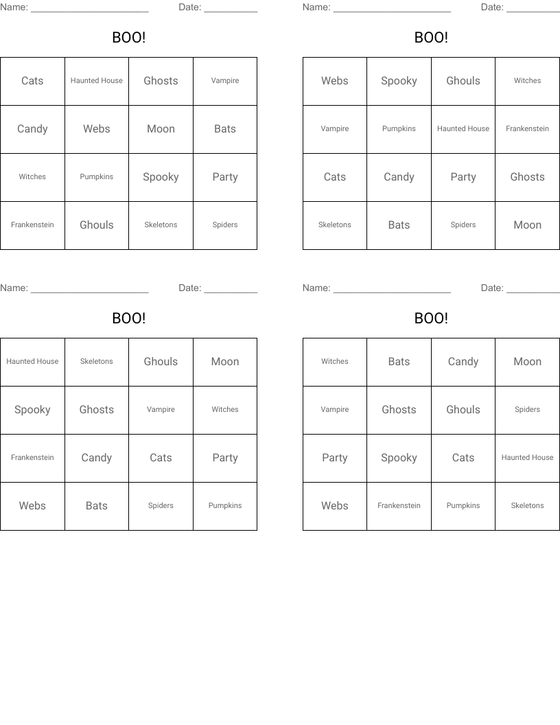 BOO! Bingo Cards