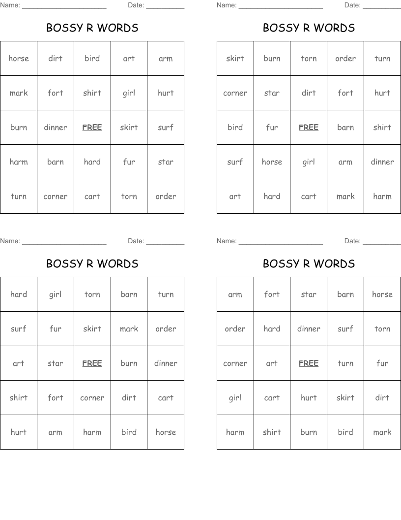 BOSSY R WORDS Bingo Cards