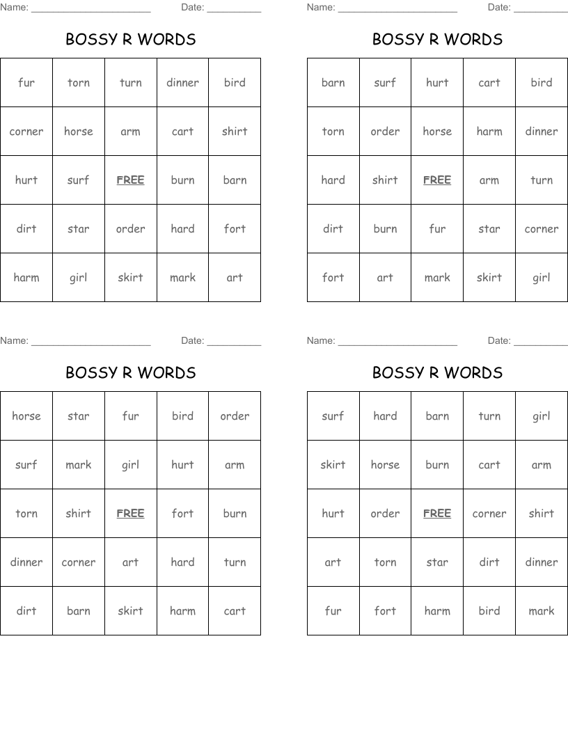 BOSSY R WORDS Bingo Cards