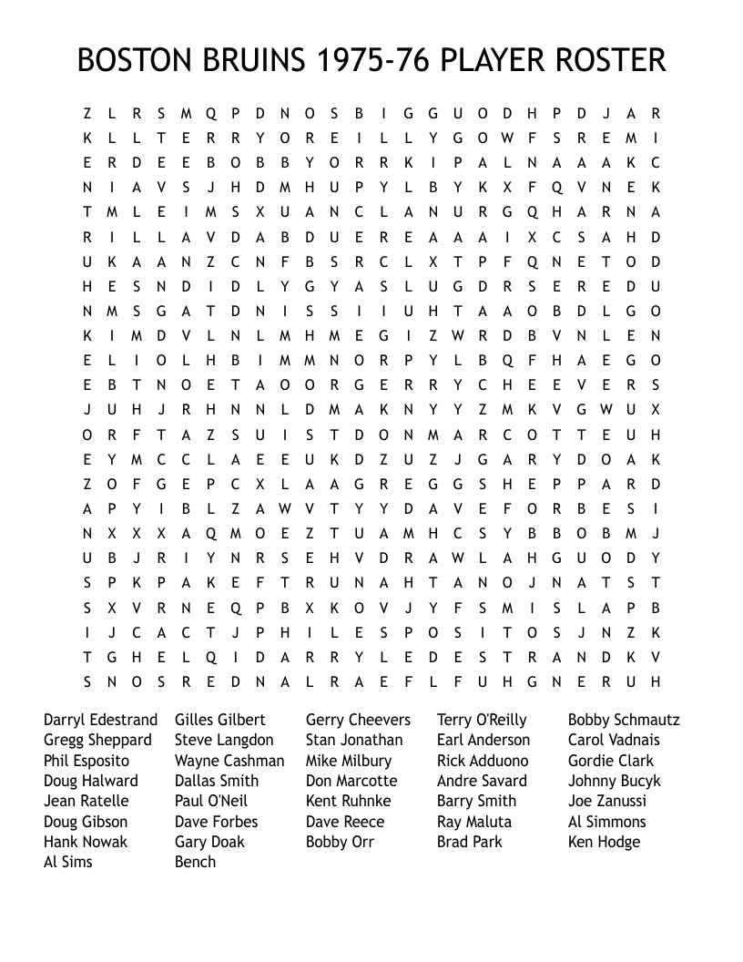 BOSTON BRUINS 1975-76 PLAYER ROSTER Word Search