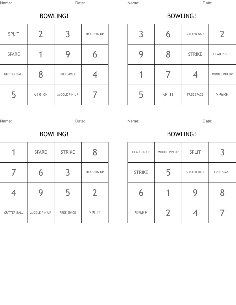 BOWLING! Bingo Cards