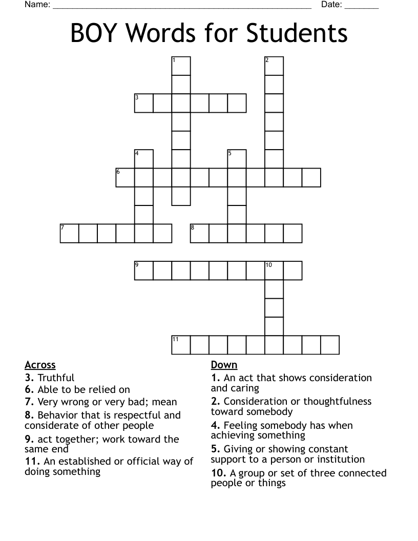 BOY Words for Students Crossword