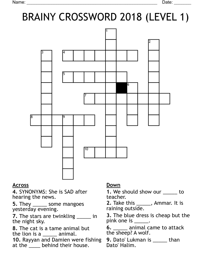 BRAINY CROSSWORD 2018 (LEVEL 1)