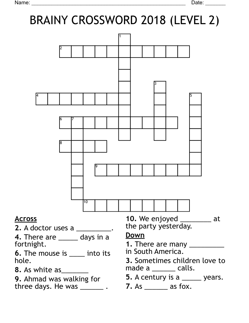 BRAINY CROSSWORD 2018 (LEVEL 2)  