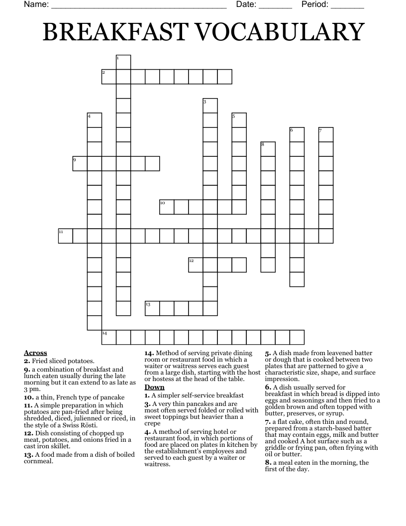BREAKFAST VOCABULARY Crossword