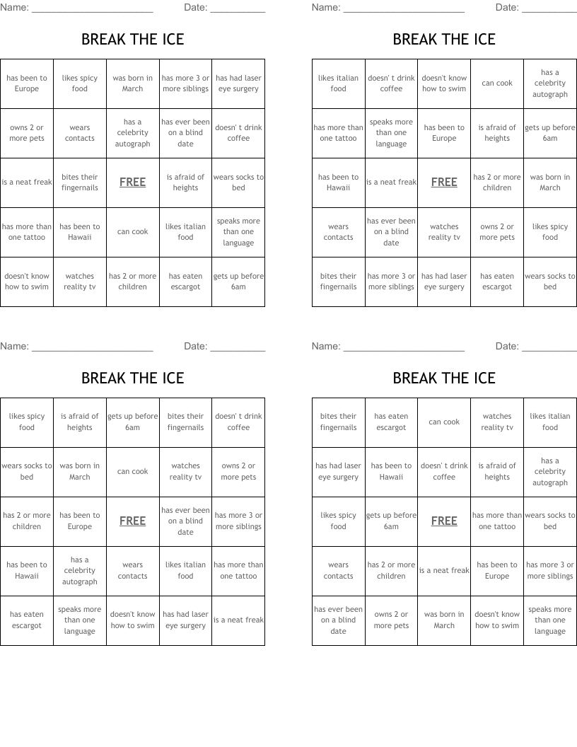 BREAK THE ICE Bingo Cards