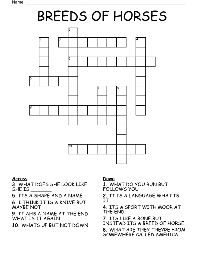 BREEDS OF HORSES Crossword