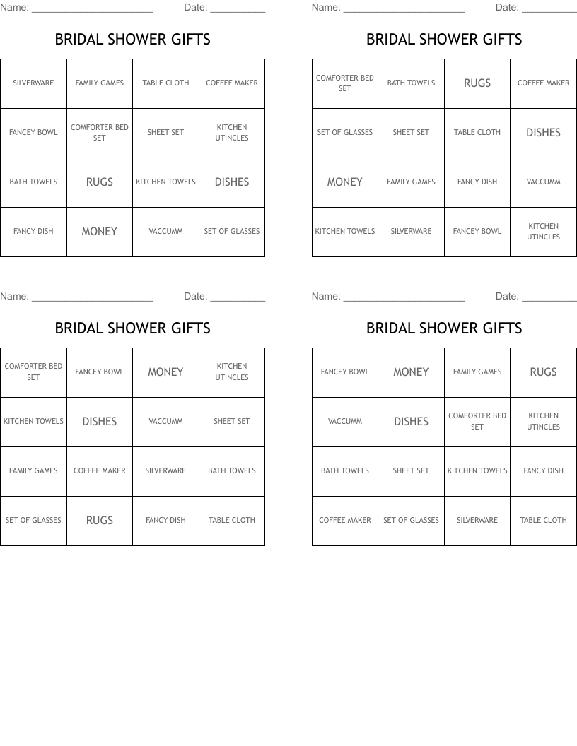 BRIDAL SHOWER GIFTS Bingo Cards