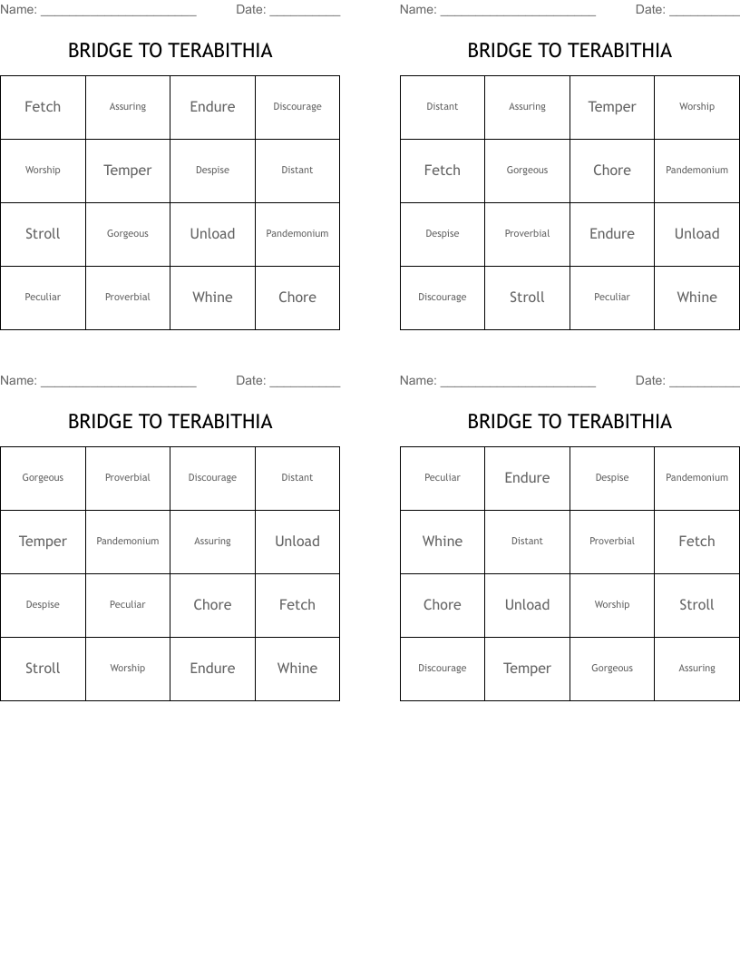 BRIDGE TO TERABITHIA Bingo Cards