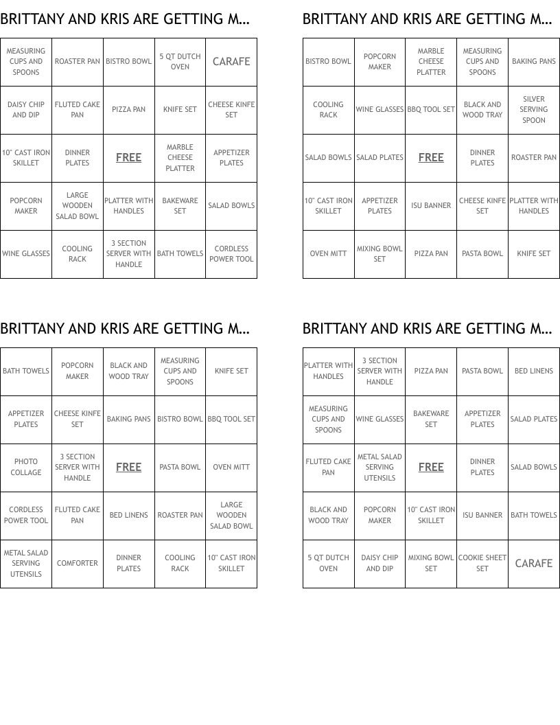 BRITTANY AND KRIS ARE GETTING MARRIED! Bingo Cards