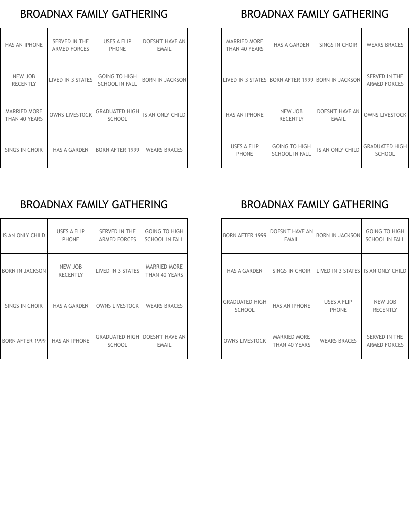BROADNAX FAMILY GATHERING Bingo Cards