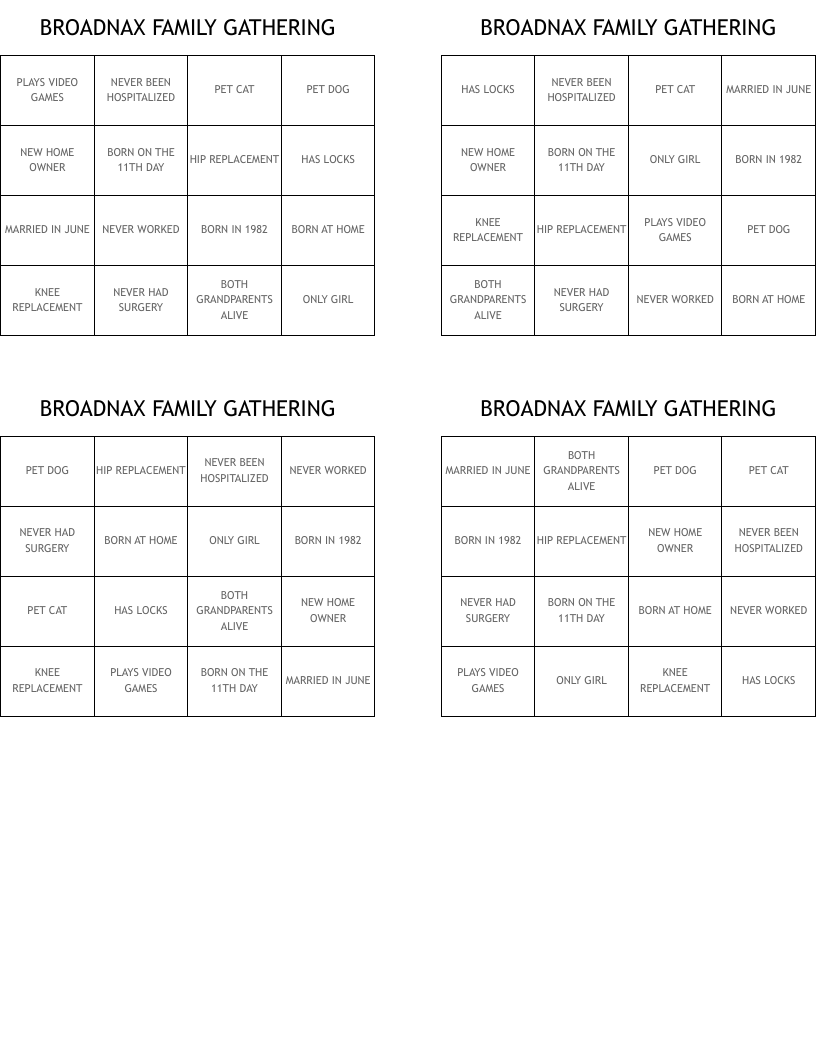 BROADNAX FAMILY GATHERING Bingo Cards