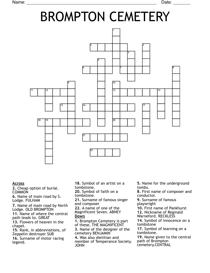 BROMPTON CEMETERY Crossword
