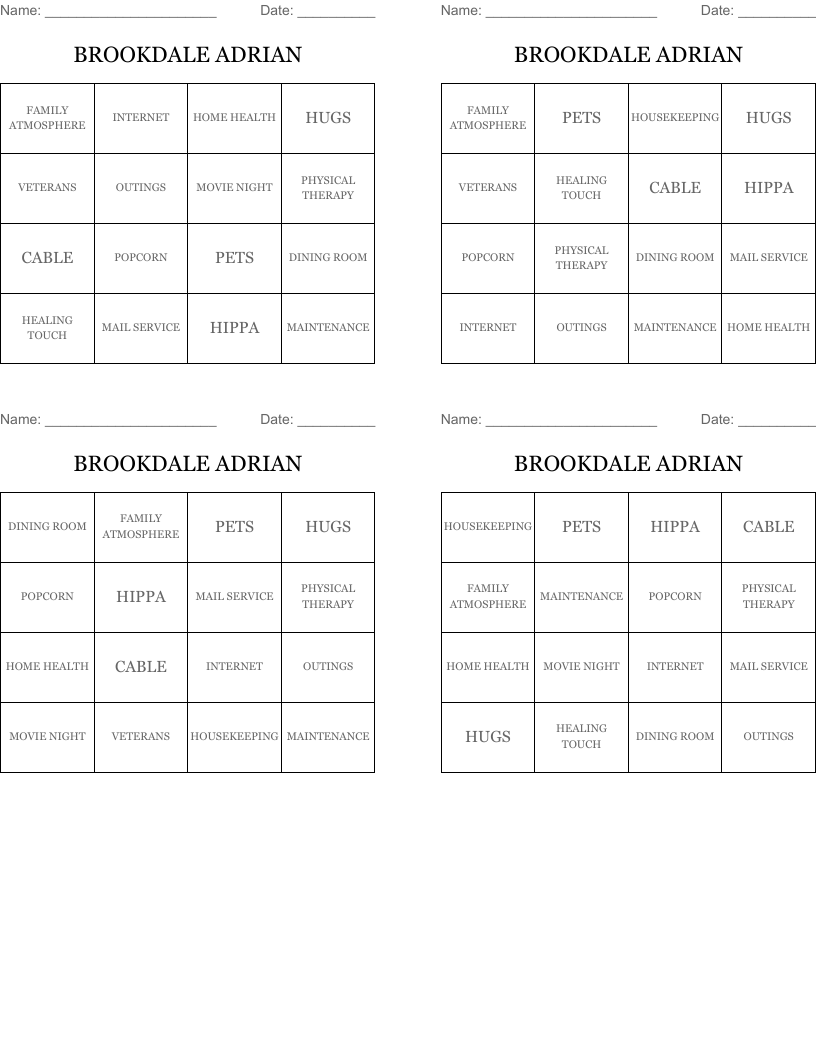 BROOKDALE ADRIAN Bingo Cards