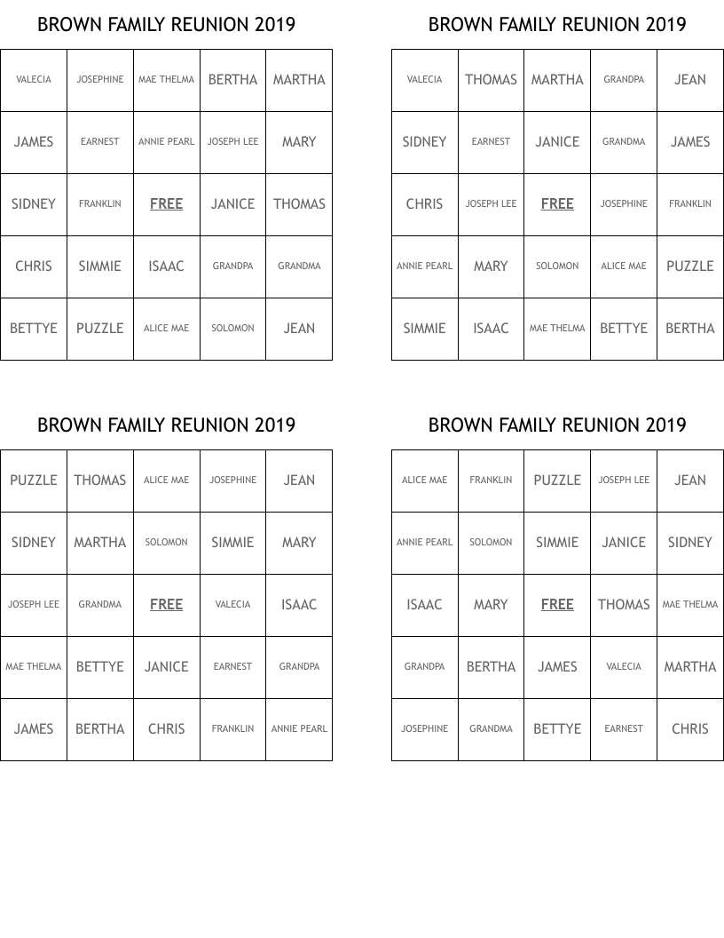 BROWN FAMILY REUNION 2019 Bingo Cards
