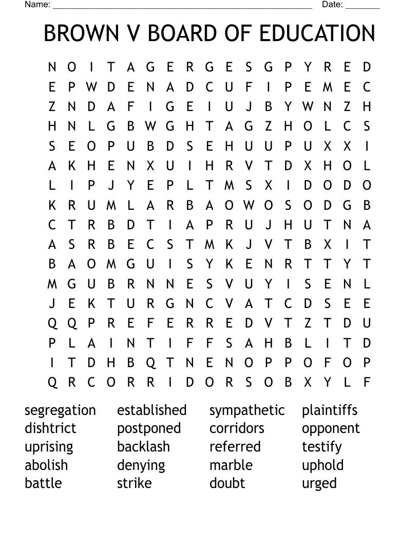 BROWN V BOARD OF EDUCATION Word Search