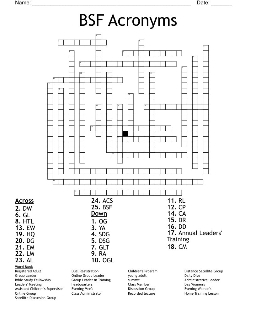 BSF Acronyms Crossword