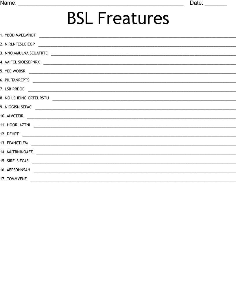 BSL Freatures Word Scramble