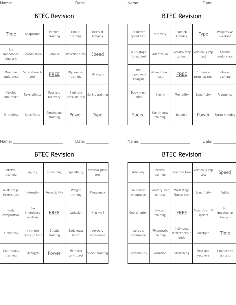 BTEC Revision Bingo Cards