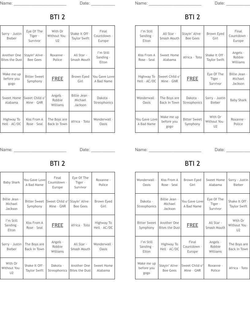 BTI 2 Bingo Cards