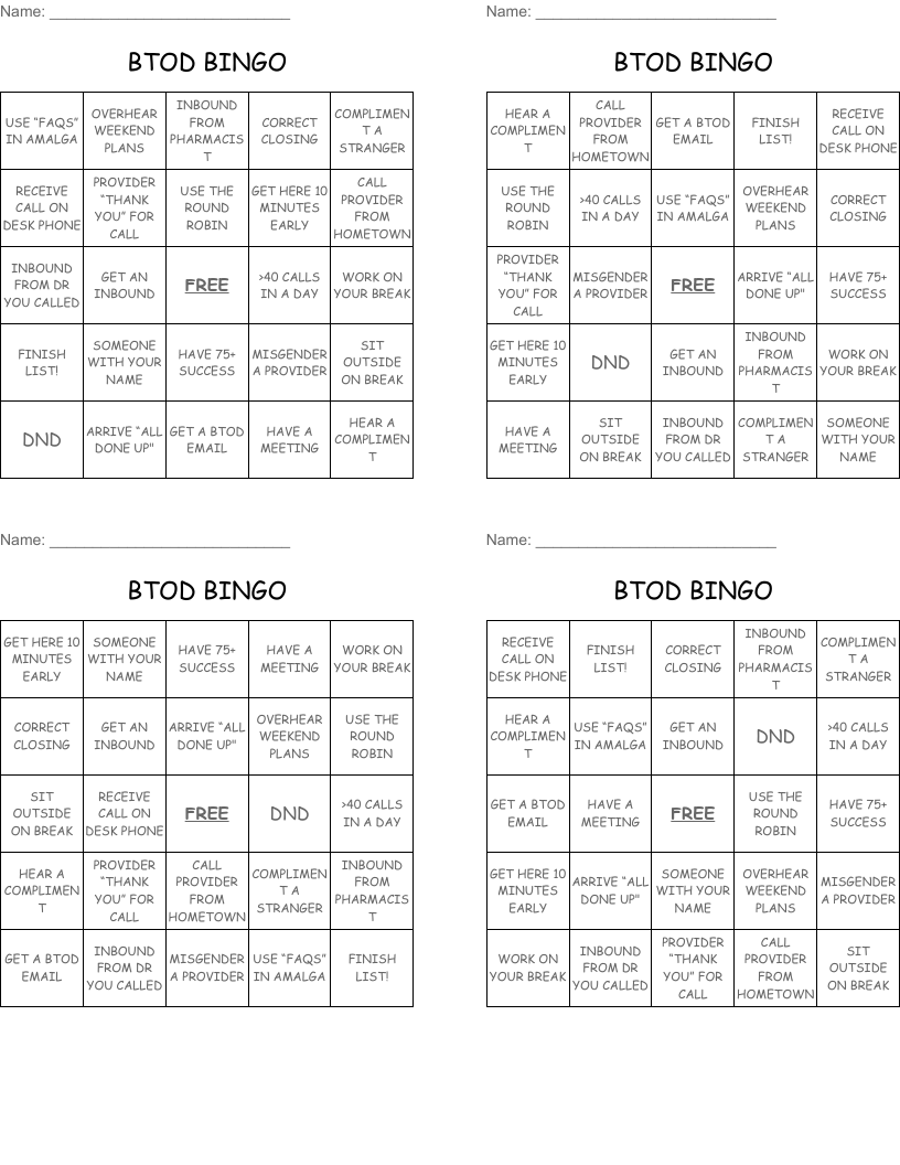 BTOD BINGO