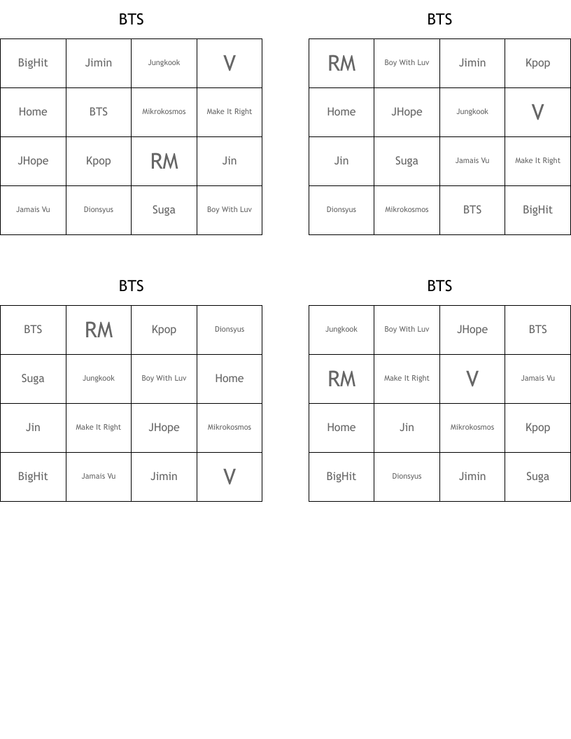BTS Bingo Cards