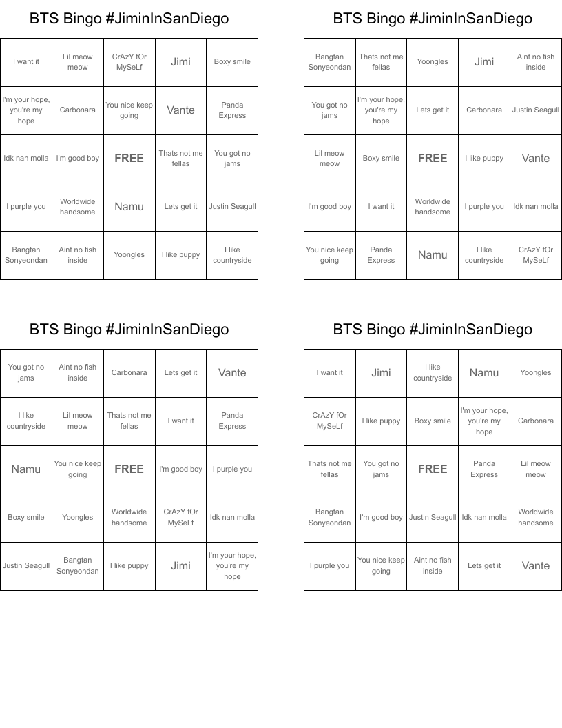 BTS Bingo #JiminInSanDiego
