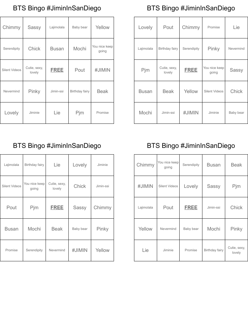 BTS Bingo #JiminInSanDiego