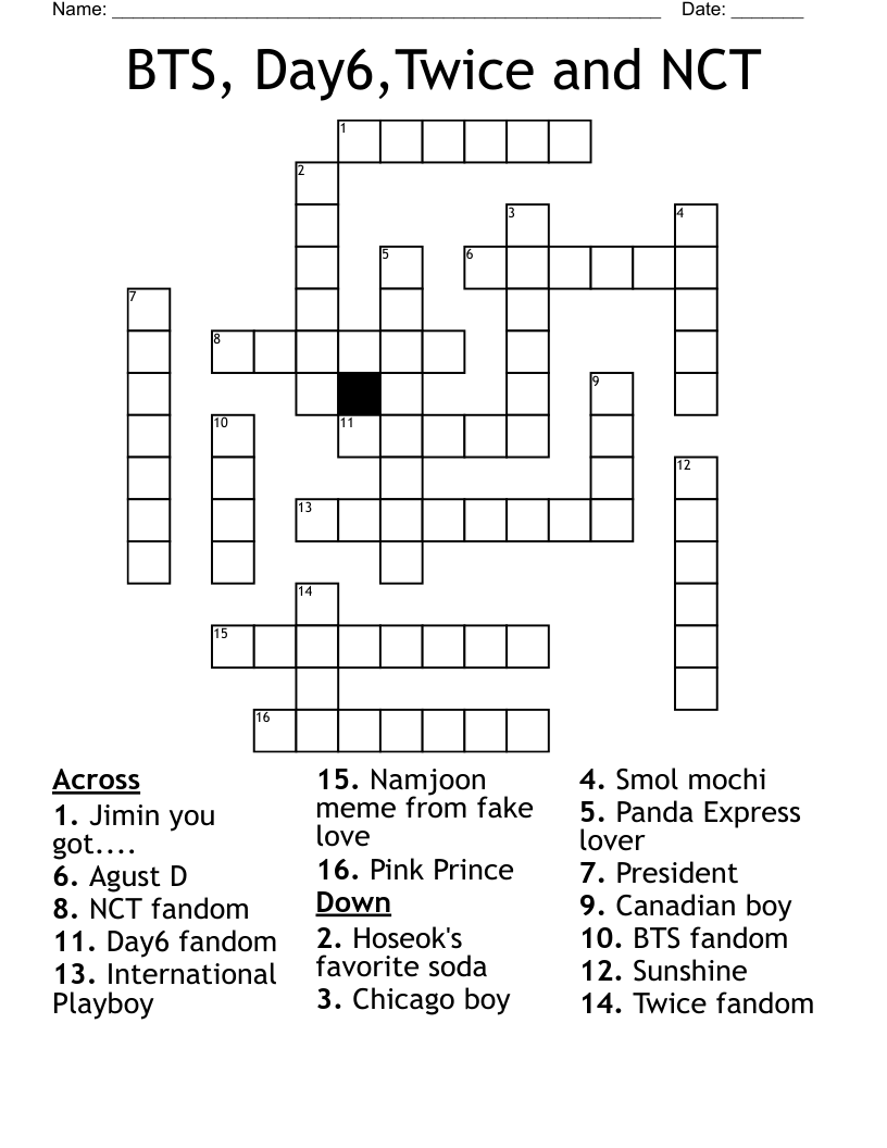 BTS, Day6,Twice and NCT Crossword
