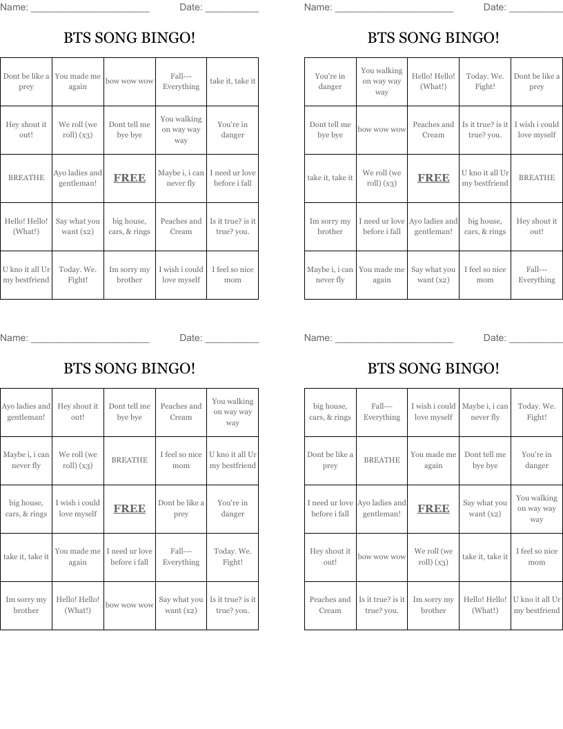 BTS SONG BINGO!