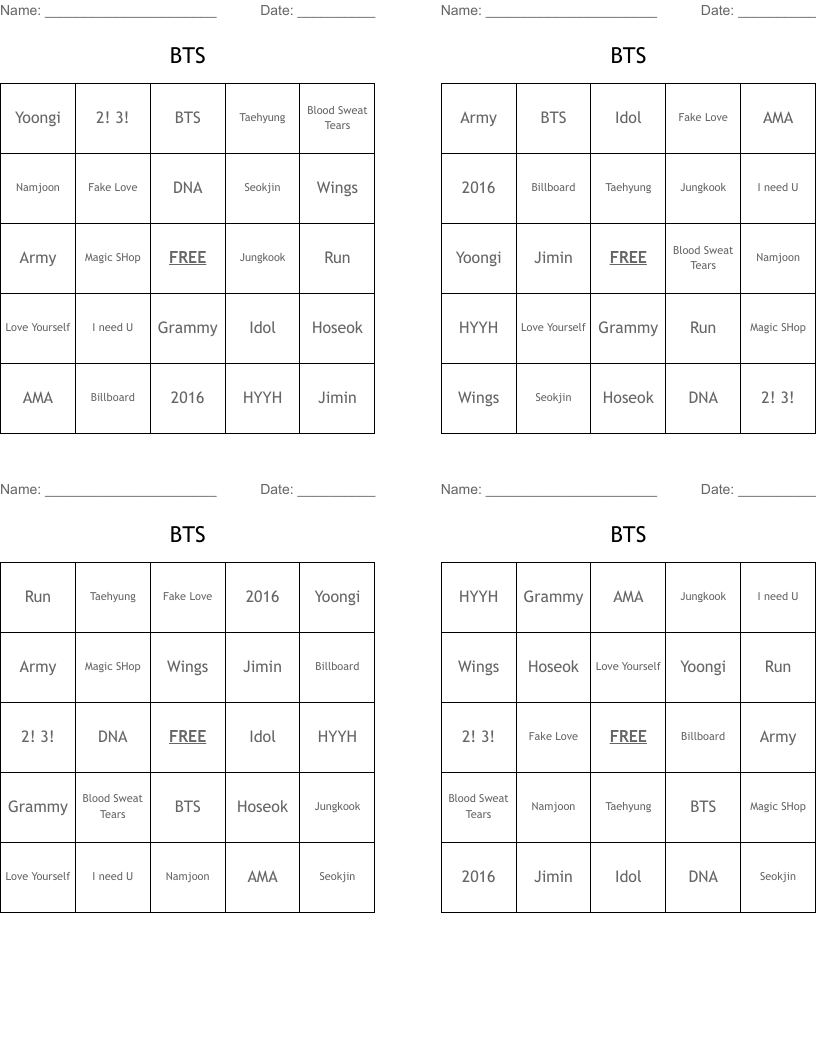BTS  Bingo Cards