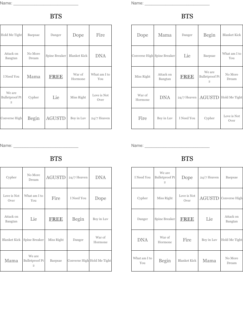 BTS  Bingo Cards