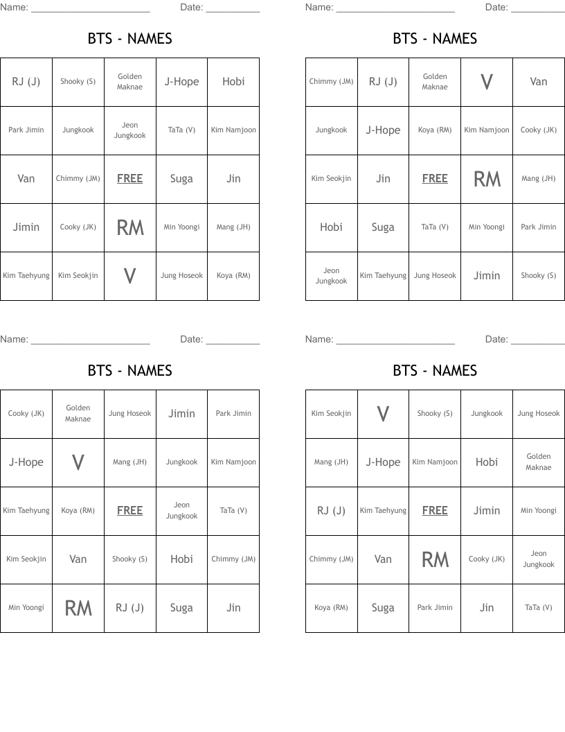 BTS - NAMES Bingo Cards