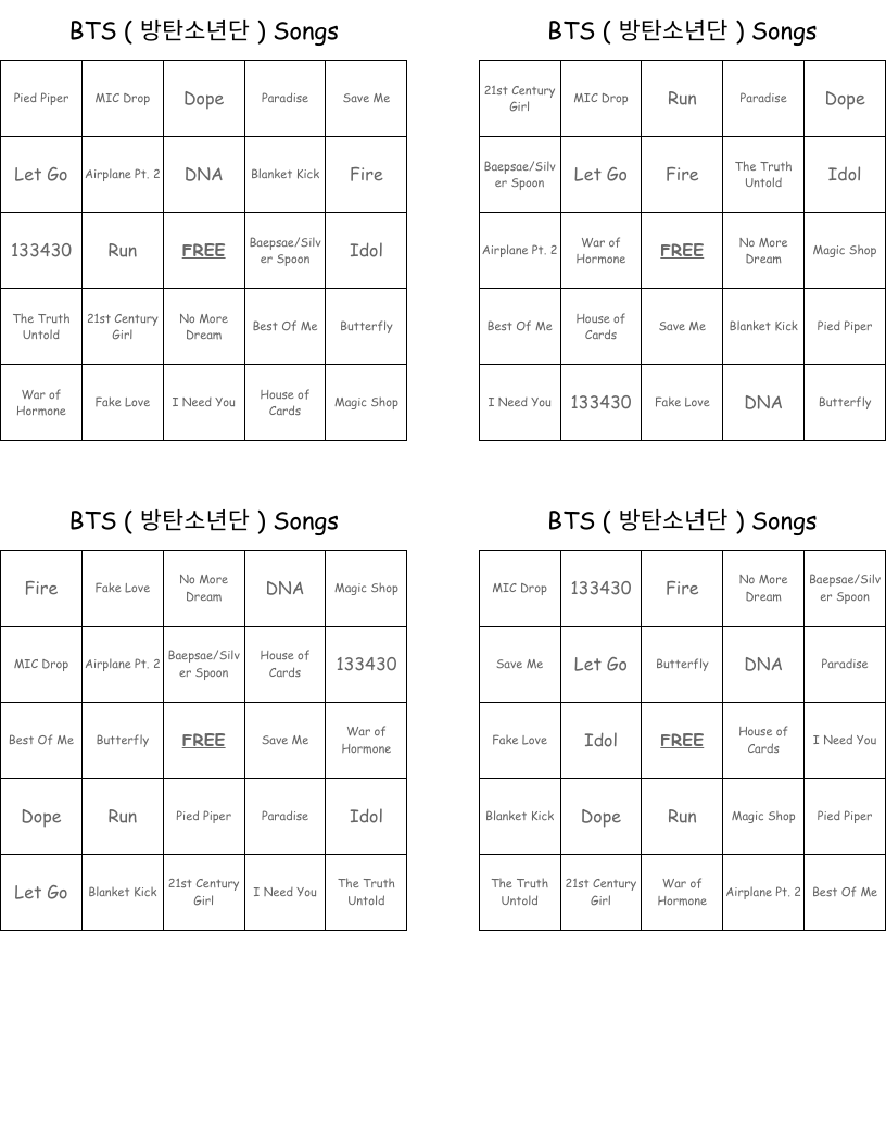 BTS ( 방탄소년단 ) Songs Bingo Cards