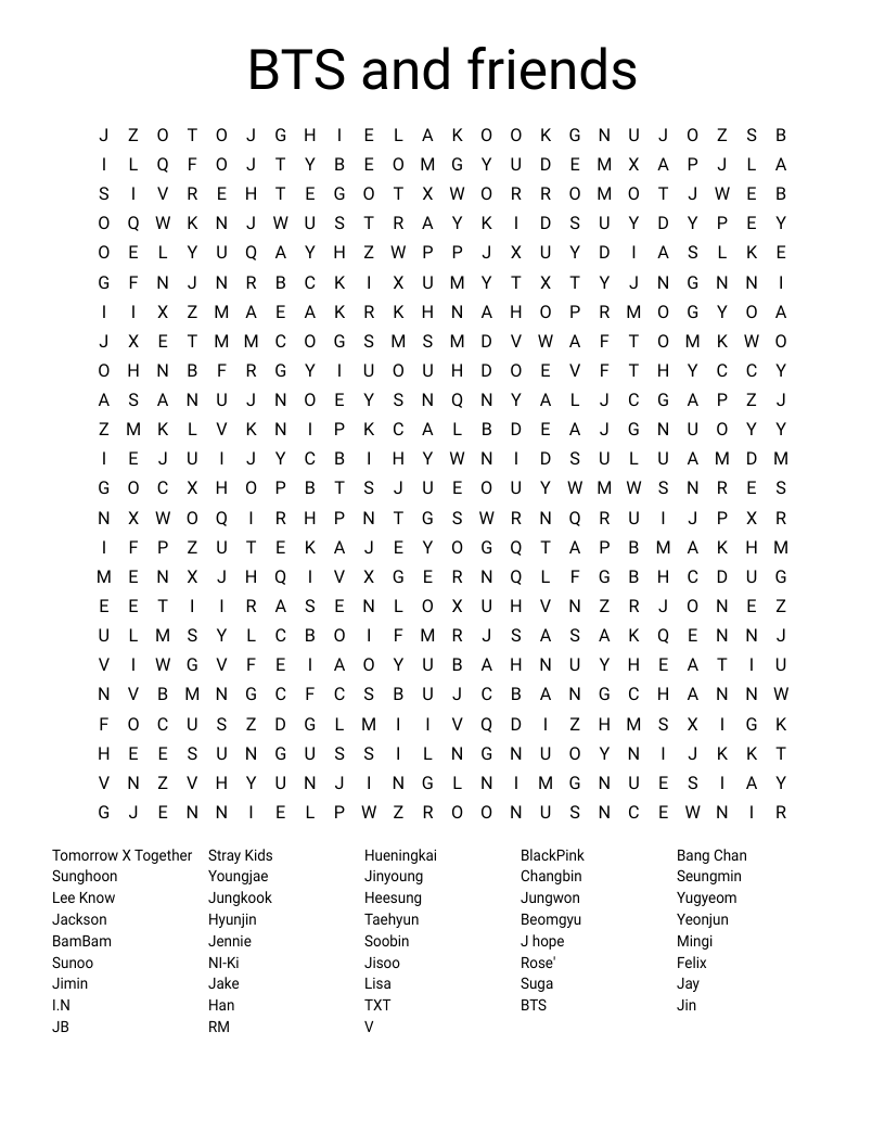 BTS and friends Word Search