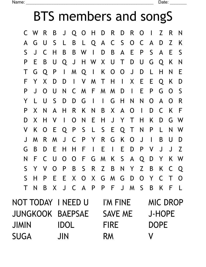 BTS members and songS Word Search